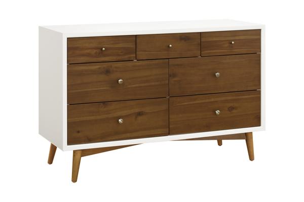 babyletto palma 7-drawer assembled double dresser mid-century modern Warm White with Natural Walnut