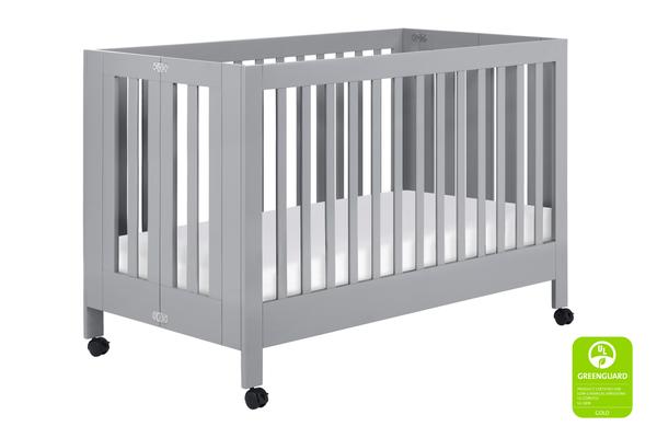 Babyletto Maki Full-Size Folding Crib with Toddler Bed Conversion Kit in Washed Natural Grey